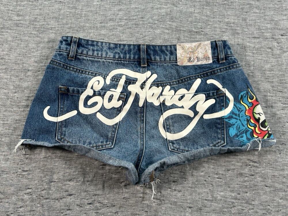 Ed Hardy Daisy Dukes Denim Shorts Womens Medium Blue Cut Off Flame Skull Y2K